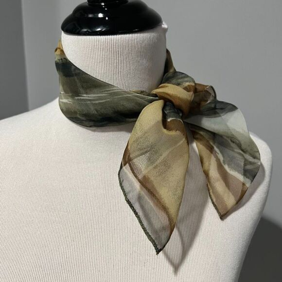 Vintage Brown, Tan, Olive Green, Grey Striped Neck Hair Scarf 20.5" x 20.5" - Picture 2 of 6
